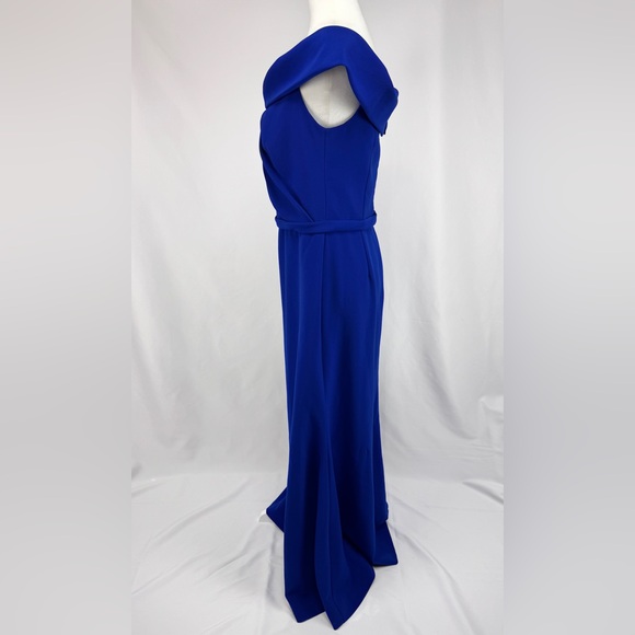 Theia Twist Front Crepe Gown Royal Blue Off Shoulder Evening Dress Size 10 - Picture 5 of 11